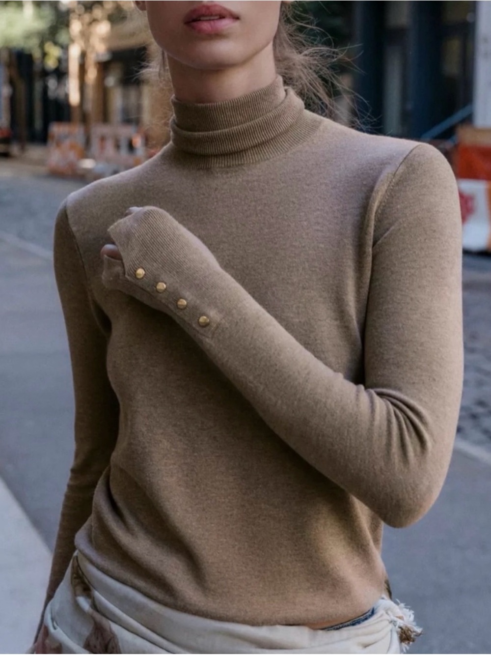 Zara Camel Slim Turtleneck Sweater with Gold Button Cuffs